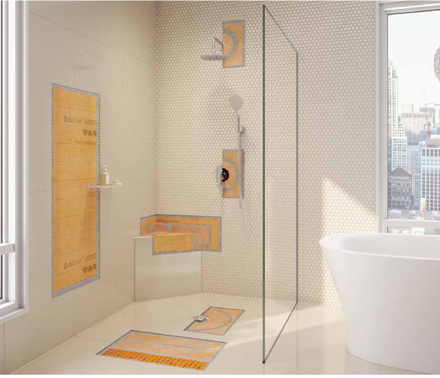 Schluter system waterproofing layers beneath bathroom tile