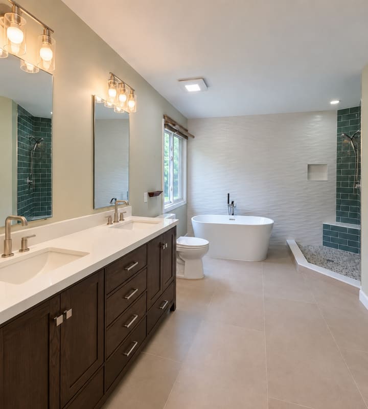 After: double vanity, freestanding tub and green tile walk-in shower in a Canton master bath