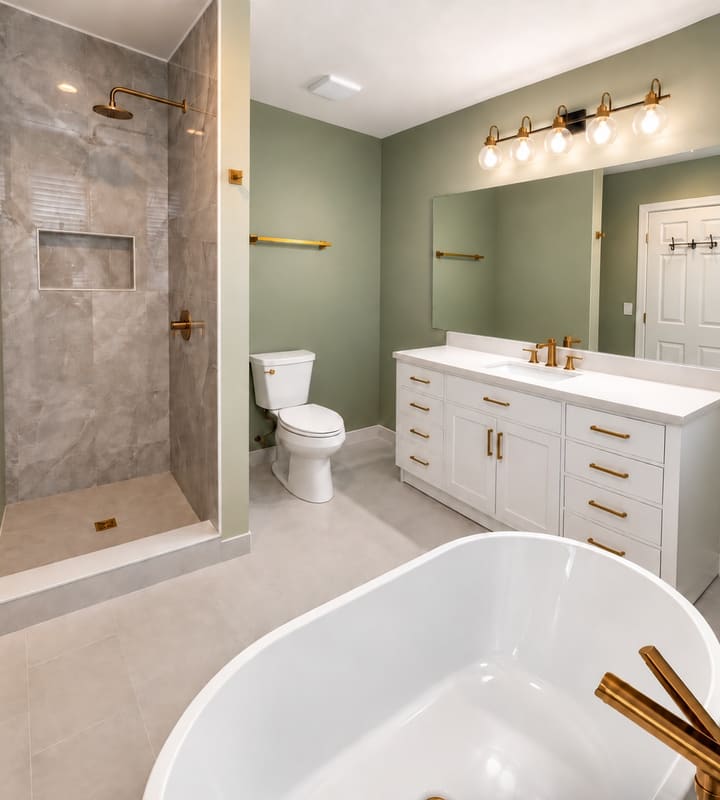 After: freestanding tub, marble-look walk-in shower and gold fixtures in a Dearborn bathroom