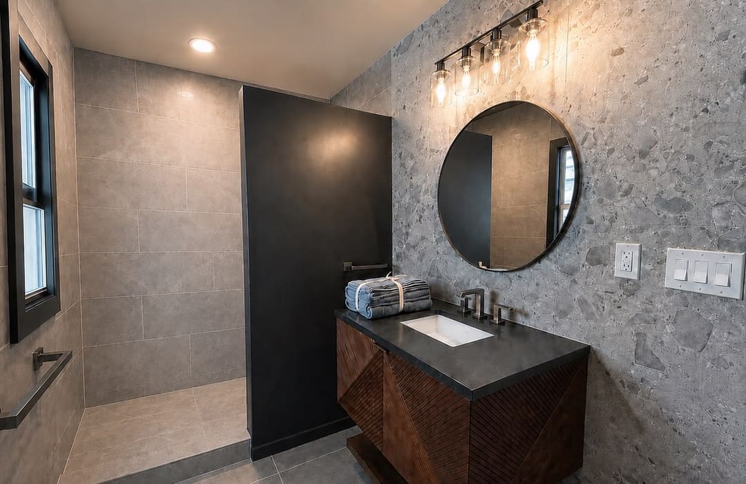 After: stone accent wall, round mirror and wood vanity in a Wayne bathroom
