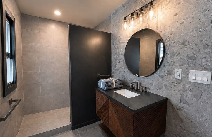 After: stone accent wall, round mirror and wood vanity in a Wayne bathroom